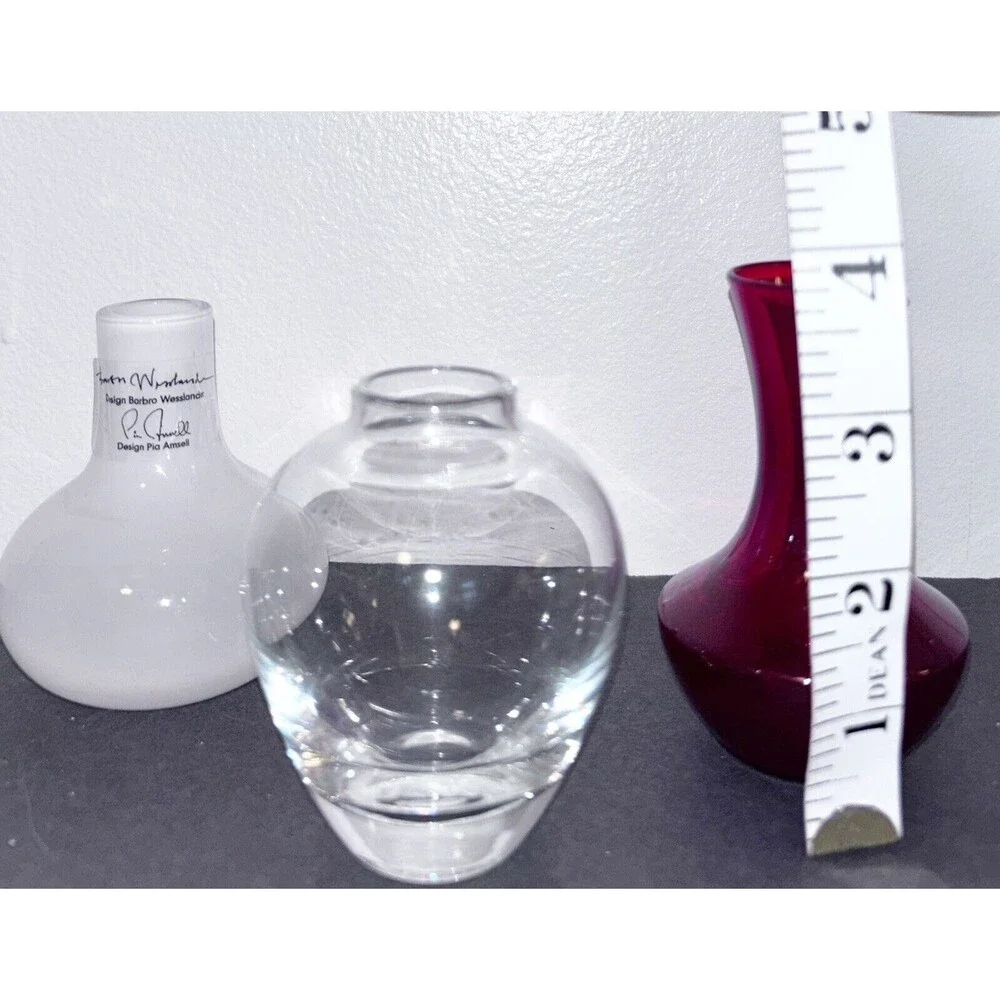 3 Bud Vases Red White Glass